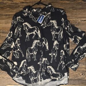 Jane and Delancey Black and White Horse Print Blouse